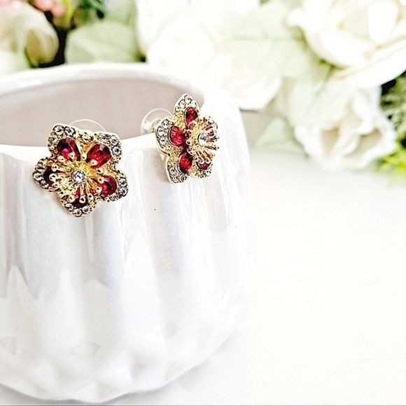 💖 2/$30 Womens boho Floral Rhinestone red gold elegant Stud cocktail Earrings - Picture 5 of 15